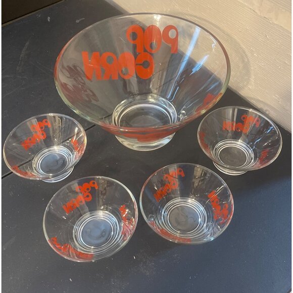 Vintage 70s Wheaton Glass Popcorn Bowl Set Of 5 Red Lettering MCM Estate Retro - Picture 3 of 3